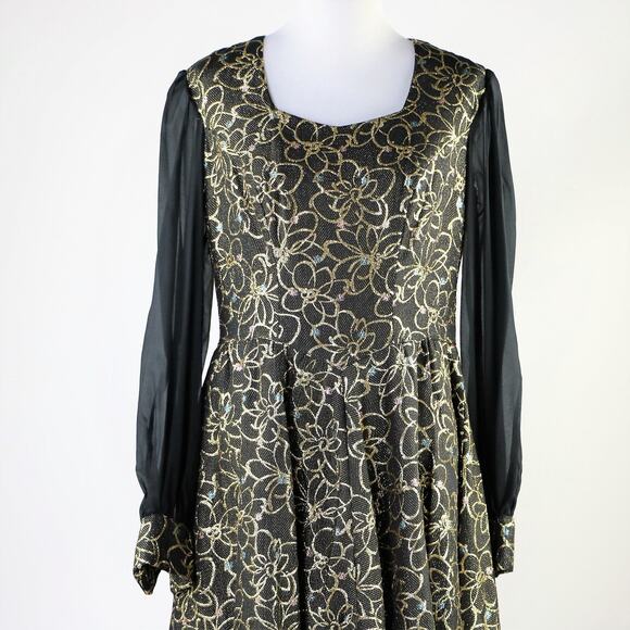 Vintage 1960s Black Gold Floral Printed Dress with Chiffon Long Sleeves Large - Picture 4 of 9